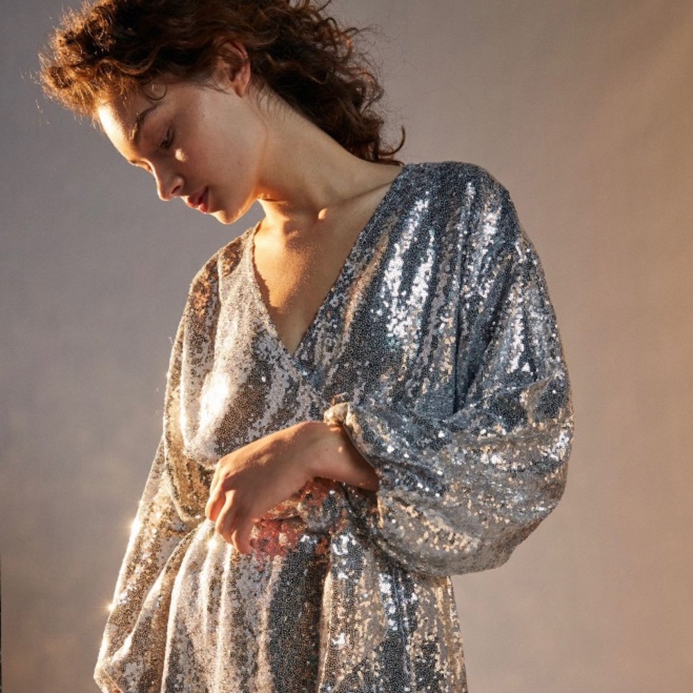 Silver sequin dress with wrap front & full sleeves